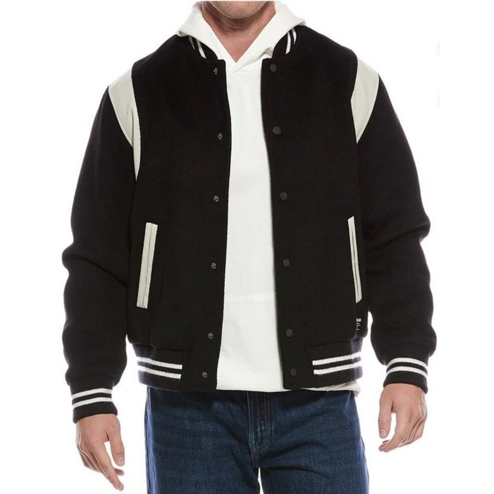HUDSON Mens Wool Varsity Bomber Jacket L Black Ivory Faux Leather Trim‎ Athletic